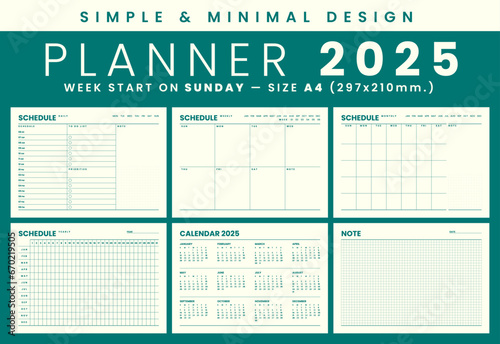 2025 Monthly planner template simple and minimal design, start week on sunday, size A4