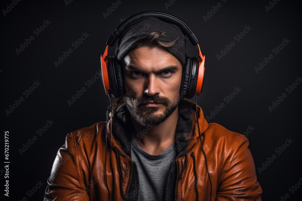 Obraz premium Beauty photo of a 30-year-old European man wearing wireless headphones listening to relaxing music, dark background.