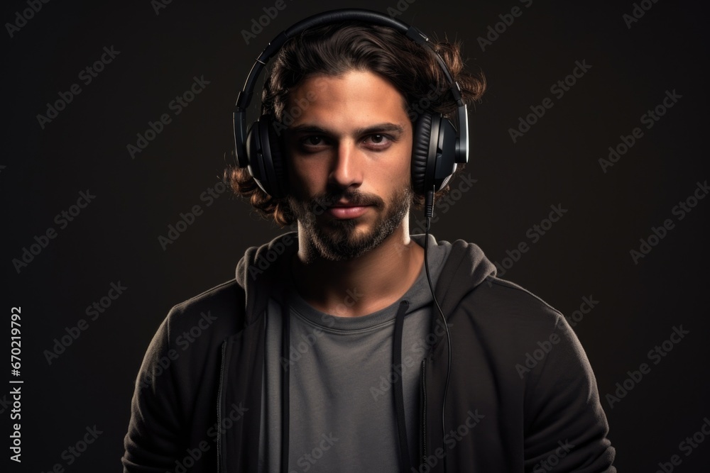 Obraz premium Beauty photo of a 30-year-old European man wearing wireless headphones listening to relaxing music, dark background.