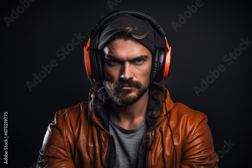 Beauty photo of a 30-year-old European man wearing wireless headphones listening to relaxing music, dark background. © koplesya