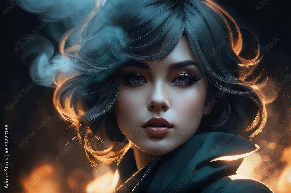 Naklejka premium A close up of a stylish woman with dark hair and grey smoke cloud, sensual expressive lips, beautiful witch with long hair, blue tint. Fashion scent, fresh odour