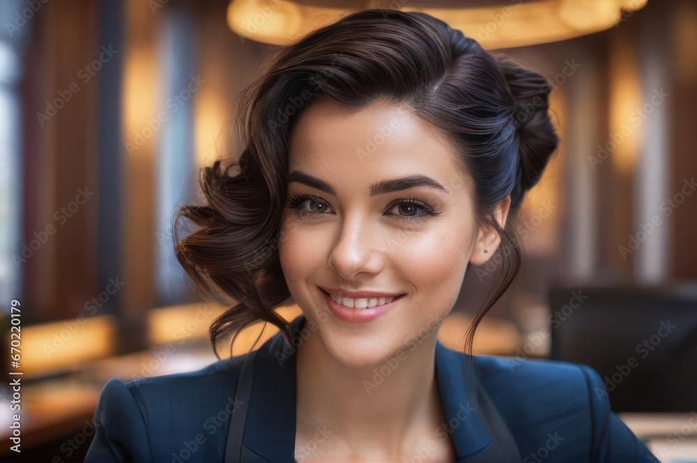 Portrait of attractive cheerful brown pompadour haired girl leader partner top director startup developer in modern office. Close up of smiling young adult girl with blurred open space background. Portrait of attractive cheerful brown pompadour haired girl leader partner top director startup developer in modern office. Close up of smiling young adult girl with blurred open space background.