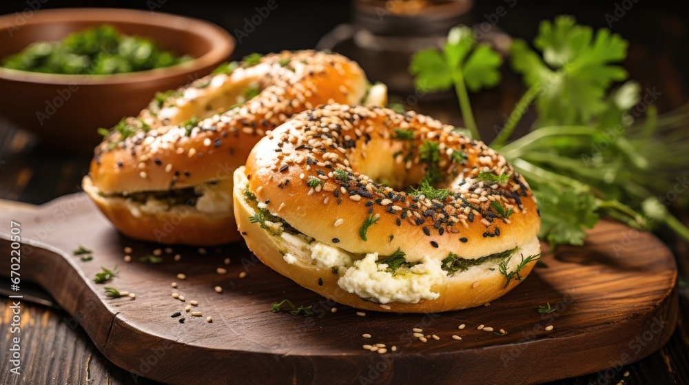 a Jerusalem bagel stuffed with creamy feta cheese and aromatic za'atar, on a rustic wooden background.