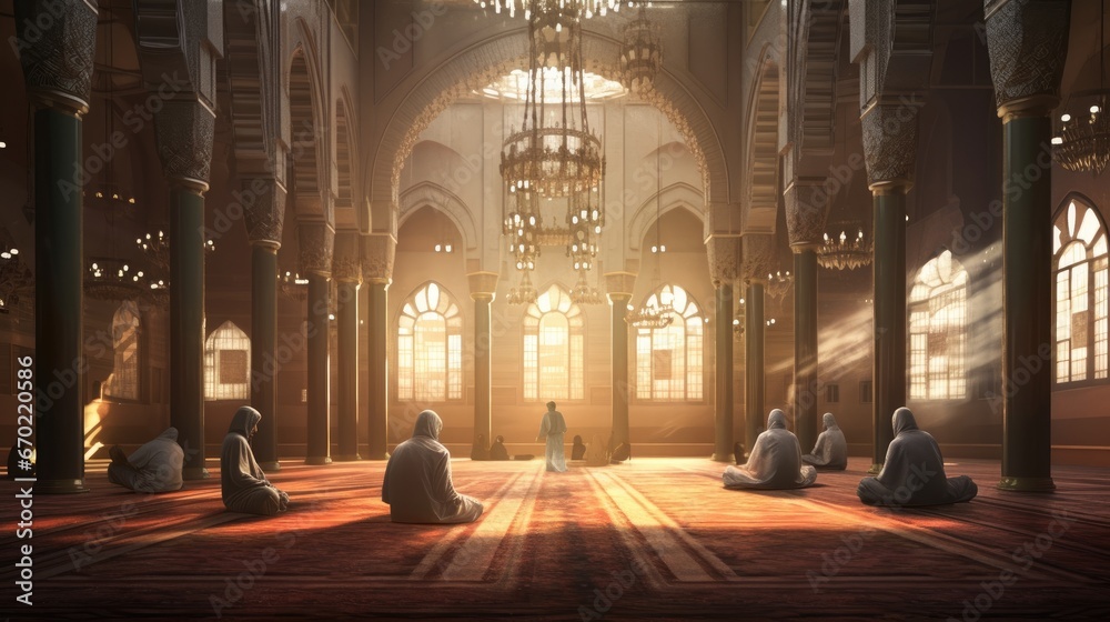 A beautiful mosque, people performing namaz, light falling through the windows, Muslim holiday.