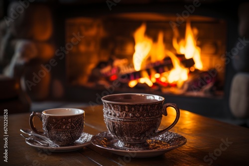 A cozy living room with a crackling fire in the fireplace and a cup of hot cocoa on the table.