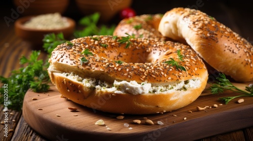 a Jerusalem bagel stuffed with creamy feta cheese and aromatic za'atar, on a rustic wooden background.