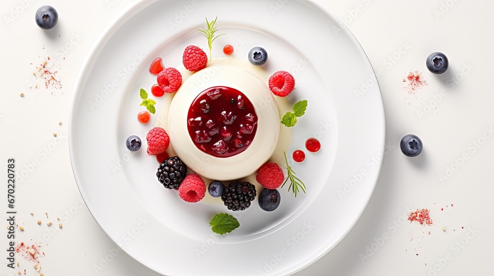 a luscious panna cotta adorned with vibrant fruit coulis and fresh berries, elegantly displayed on a light grey table with ample space for text.