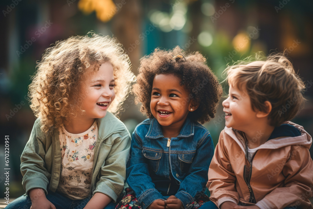Kids in various ethnicity laughing and posing outside in group of three outdoors. - obrazy, fototapety, plakaty 