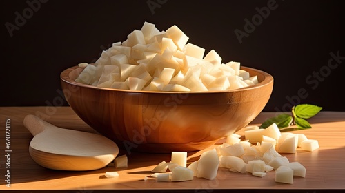 a bowl filled with fresh jicama slices, showcasing their crispness and natural appeal, a generous space on the left for informative text. photo