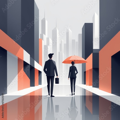 business people with umbrella walking down the road. business people with umbrella walking down the road. vector illustration of businessman walking in the city with umbrella