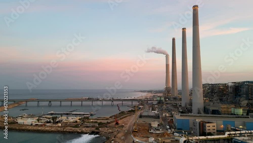 Top view footage The largest water desalination facility in the world at sunrise, Hadera Israe photo