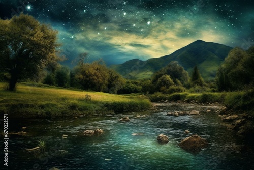 Nighttime river flowing towards hills with lush trees under starry sky. Generative AI