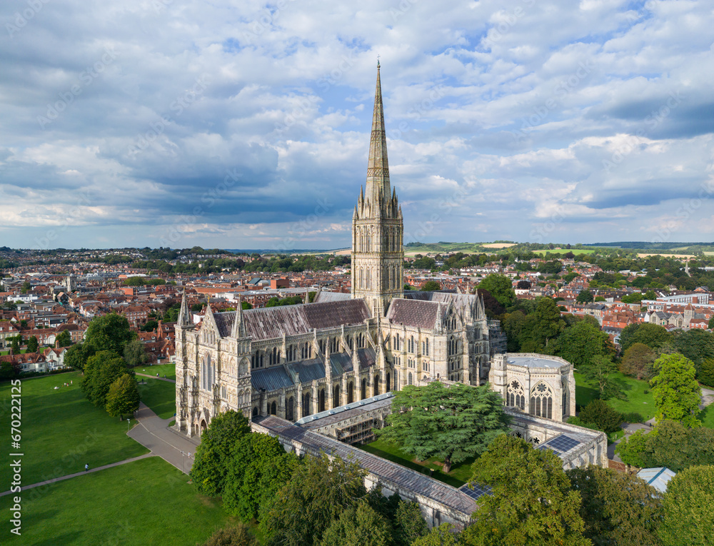 Stunning aerial view of the spectacular historical Salisbury Cathedral with the tallest spire, Salisbury, England, UK.