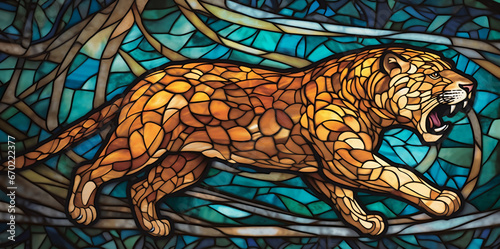Illustration in stained glass style with tiger wildlife .