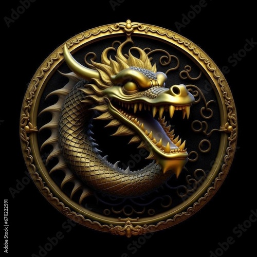Chinese Year of the Dragon. Pattern depicting a realistic golden oriental dragon in a round golden frame on a black background. Horoscope, Chinese symbol of 2024 new year. Illustration.