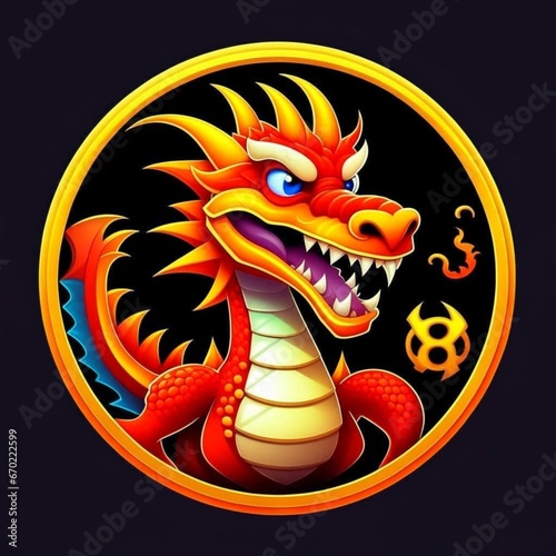 Chinese Year of the Dragon. Pattern depicting a realistic oriental red dragon in a round gold frame on a black background. Horoscope, Chinese symbol of 2024 new year. Illustration.