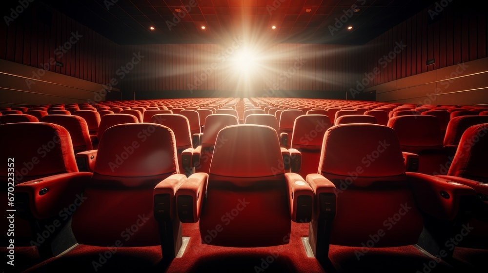 Inside the empty cinema with rows of red seats. Entertainment concept.