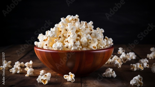 Salted popcorn in a wooden bowl on old wooden table. Dark background.