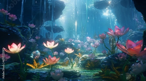 A surreal underwater garden with Opal Lotuses swaying gracefully in the crystal-clear depths, creating a dreamlike atmosphere.