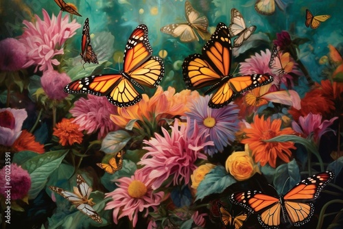 Butterflies gathering on flowers. Generative AI