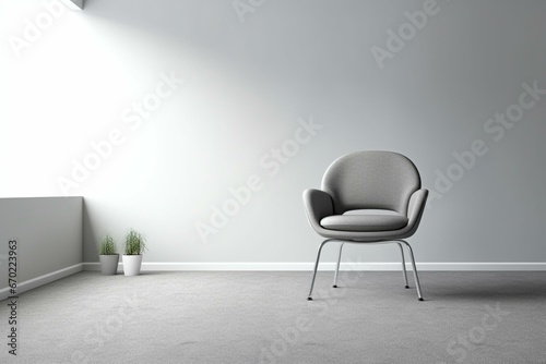 Contemporary chair in empty office with white wall and gray carpet. Generative AI