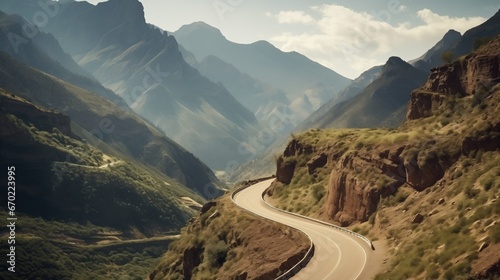 A winding mountain road with sharp curves, steep inclines, and rugged cliffs. Towering peaks and breathtaking views create an awe-inspiring and challenging drive through majestic and remote wildernes photo