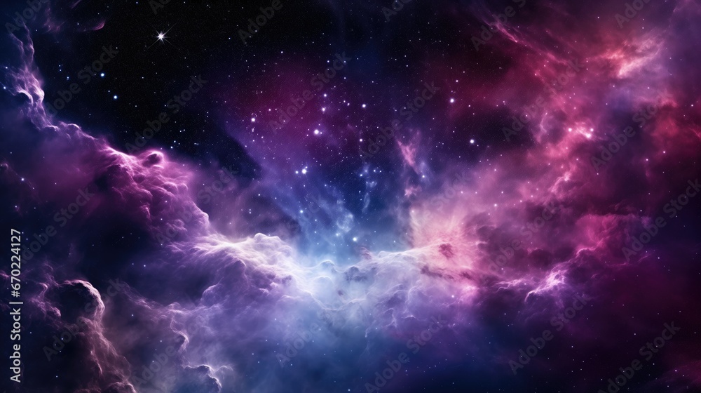 Naklejka premium Vibrant cosmic scene with vivid pink, purple, and blue shades. Mesmerizing view of a celestial galaxy filled with stars. A breathtaking image capturing the beauty of deep space and the wonders of the