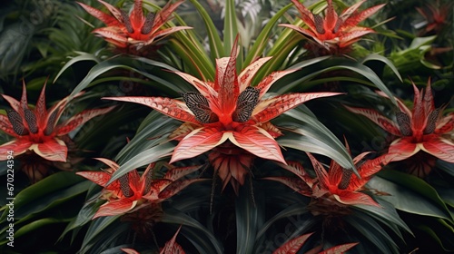 A symmetrical arrangement of Butterfly Bromeliads in a botanical garden  shot in high resolution to capture every detail.