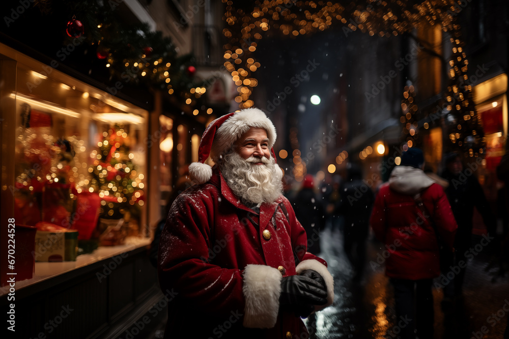 cheerful man, Santa Claus is wishing merry Christmas to all on crowded winter street, standing in front of the decorated store