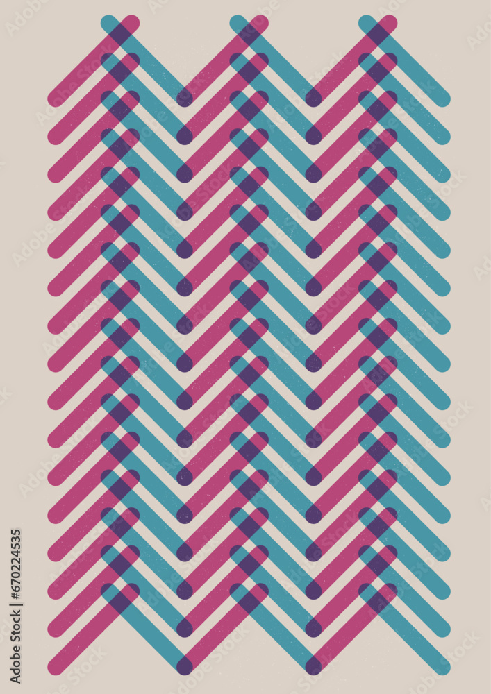 diseño de estilo risográfico de patrón geométrico de líneas en zig zag, en color azul y magenta. Fondo, arte de pared.