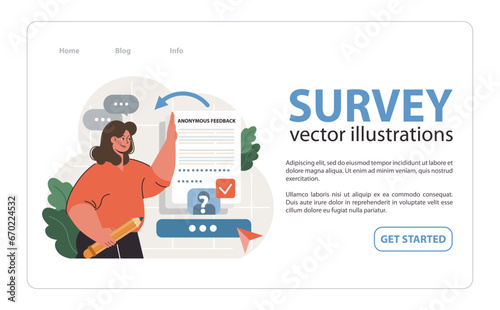 Public opinion polling web banner or landing page. Female character participation in an online survey. Assessing woman impression of services. Opinion questionnaire form. Flat vector illustration