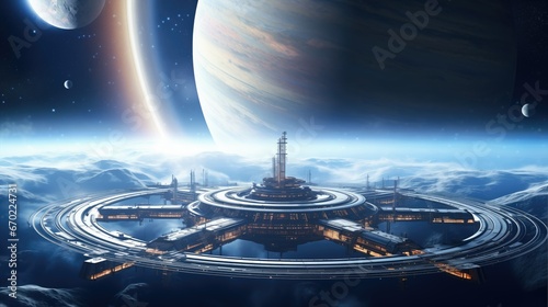 Fototapeta Naklejka Na Ścianę i Meble -  Futuristic space station orbits a gas giant with visible rings, surrounded by swirling clouds and vibrant colors. Advanced technology and detailed architecture