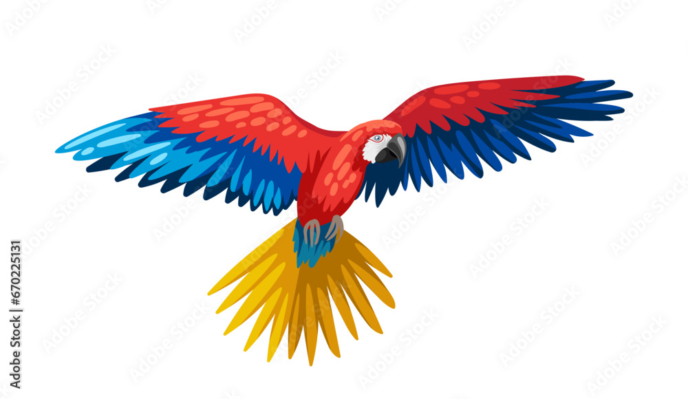 Fototapeta premium Cute colorful parrot. Bright bird, cute animal with feathers. Tropical and exotic mammal. Sticker for social networks and messengers. Cartoon flat vector illustration isolated on white background