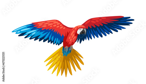 Cute colorful parrot. Bright bird, cute animal with feathers. Tropical and exotic mammal. Sticker for social networks and messengers. Cartoon flat vector illustration isolated on white background