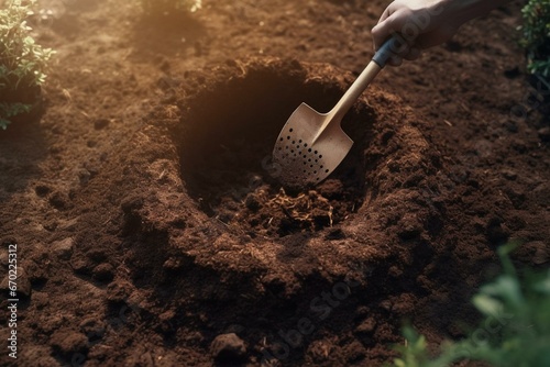 Person digging hole in yard with shovel, gardening concept. Generative AI photo