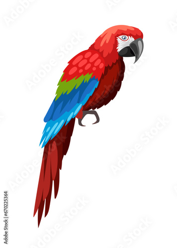 Cute colorful parrot. Red and blue bird, cute animal with feathers. Tropical and exotic mammal. Social media sticker. Cartoon flat vector illustration isolated on white background