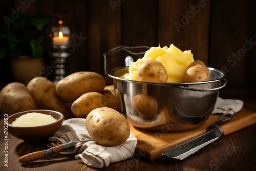 Raw potatoes on table and bowl, with a potato masher for making puree. Generative AI photo