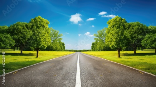 A realistic image of a well-paved road splitting into two paths, surrounded by lush green trees and clear blue sky. It represents choice, decision-making, and the journey of exploring different desti
