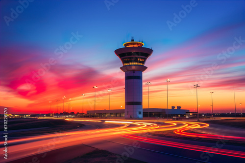 Generative AI illustration of Dramatic sunset at an airport with a control tower silhouette and vibrant light trails on the runway photo