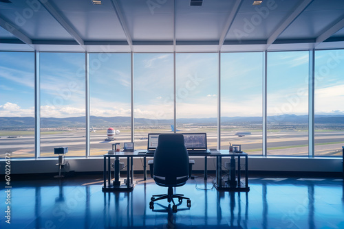 Generative AI illustration of Panoramic glass window view of a modern airport control room overlooking the runways with computers and chairs photo