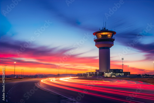 Generative AI illustration of Dramatic sunset at an airport with a control tower silhouette and vibrant light trails on the runway photo