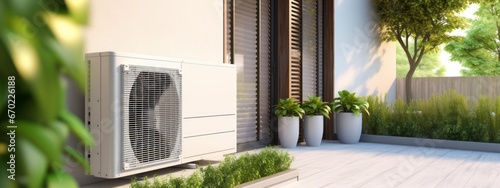 Air source heat pump installed in residential building. combi system, air conditioner photo