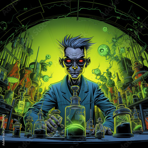 crazy mad scientist in his lab photo