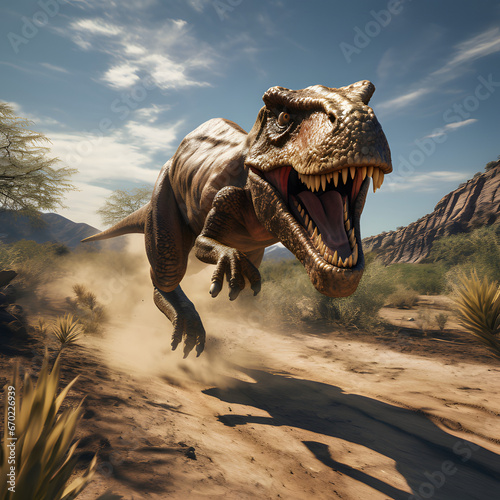 Charging Tyrannosaurus Rex on Dirt Path, Kicking Up Dust with Fearsome Open Mouth Displaying Sheer Speed and Power