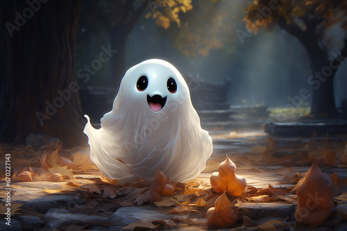 Cute funny happy fantasy smiling animated ghosts. disembodied and otherworldly beings, fear, world of living and dead, legends and mysteries, remnants of departed souls, pumpkin autumn. photo
