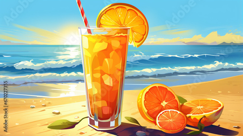 illustration of orange juice on the beach