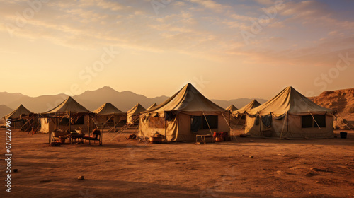 Refugee camps. Rows of tents for temporary accommodation of those who fled war and lost their homes and property.