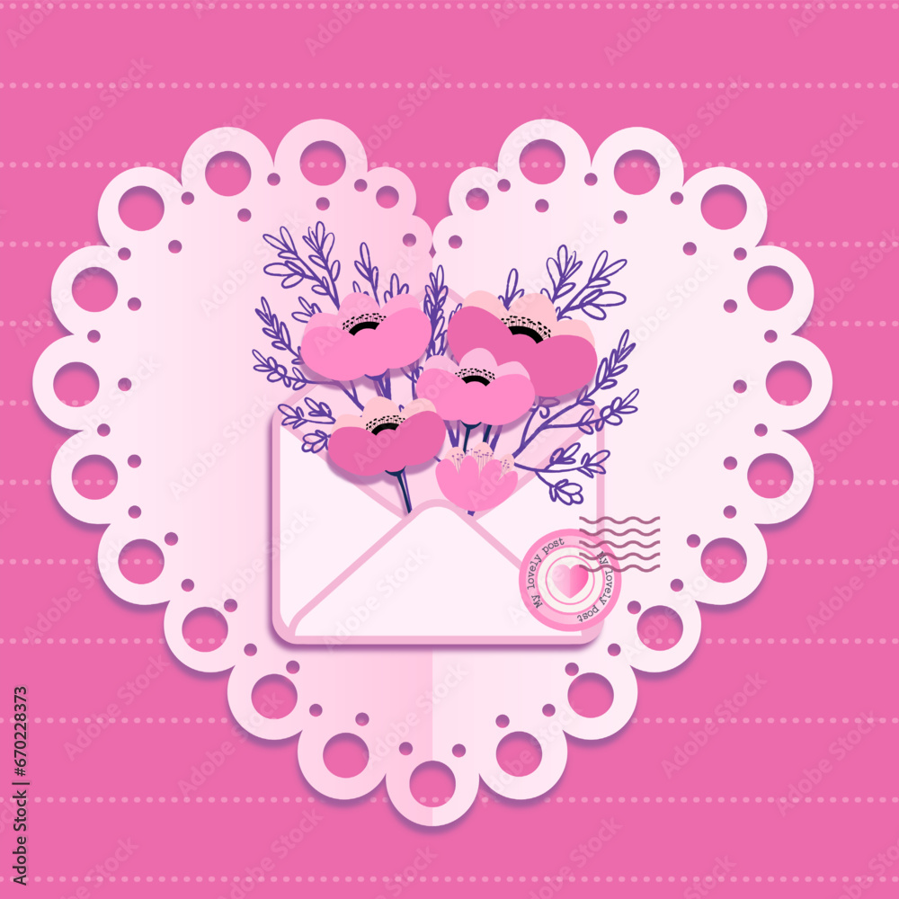 Happy Valentine's day card poster or voucher. Beautiful paper cut  with white heart frame on pink background. Vector illustration. Papercut style. Place for text