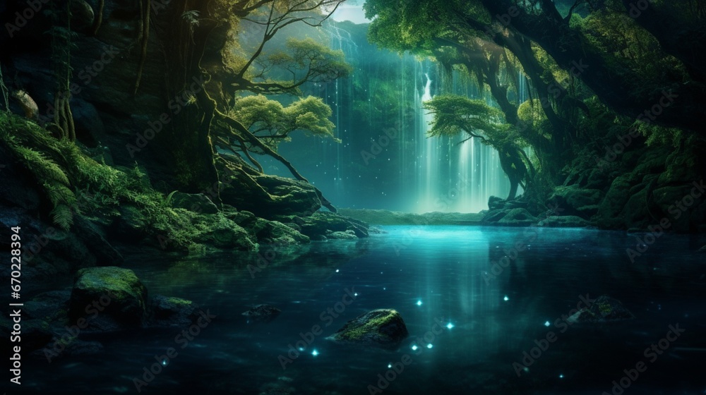 A tranquil waterfall hidden in an emerald forest, the water sparkling with an otherworldly, bioluminescent shimmer.