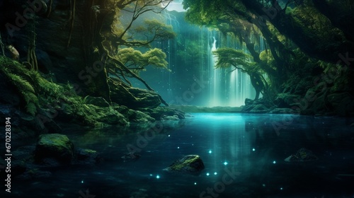 A tranquil waterfall hidden in an emerald forest  the water sparkling with an otherworldly  bioluminescent shimmer.